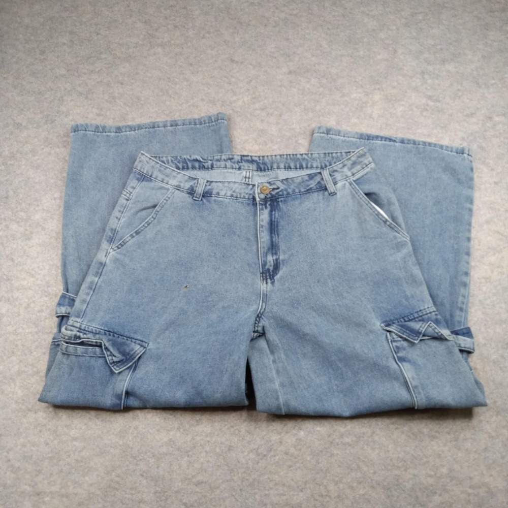 SHEIN Jeans Women XL Blue Denim Cargo Pants Wide Leg Utility Pockets Light Flood